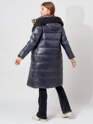 Пальто утепленное с капюшоном зимнее женское  темно-синего цвета 442181TS
