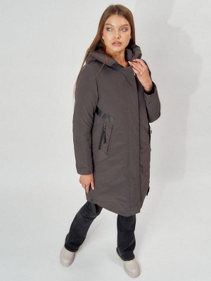 Пальто утепленное зимнее женское  темно-серого цвета 448882TC