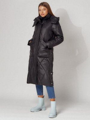 Пальто утепленное стеганое зимнее женское  черного цвета 448601Ch