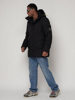 Парка спортивная зимняя мужская с капюшоном   черного цвета 90015Ch