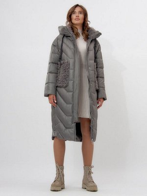 Пальто утепленное женское зимние серого цвета 11608Sr