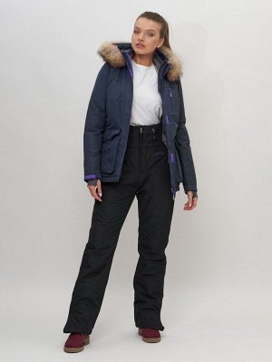 Куртка спортивная женская зимняя с мехом темно-синего цвета 551777TS