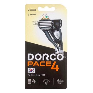 Dorco PACE4 (1 станок, 2 кассеты) - новый дизайн - 4-лезв.система, плав.головка, метал.прорезиненная ручка, крепление PACE