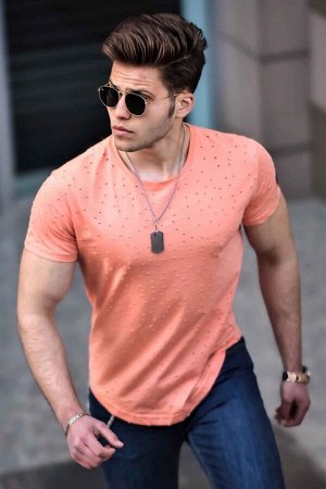 Мужская оранжевая футболка с рваными деталями 2883