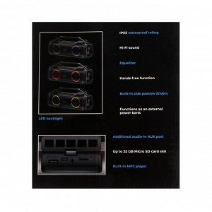 Портативная колонка Defender G104, 12Вт, 1500мАч, BT, FM, USB, microSD, дисплей, подсветка