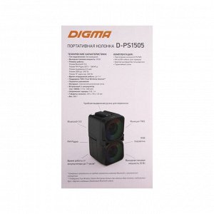 Портативная колонка Digma D-PS1505, подсветка, 20Вт, BT, microSD,USB,AUX,FM, 1200мАч, черная