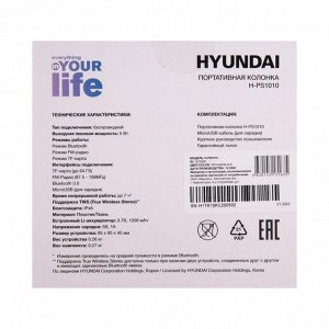 Портативная колонка Hyundai H-PS1010, 5Вт, BT, microSD, USB, AUX, FM, 1200мАч, черная