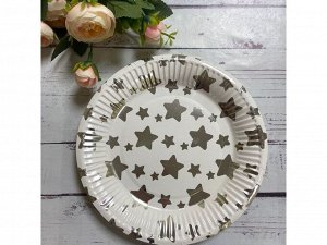 Праздничные тарелки белые с серебристыми звездами 10 шт 18см