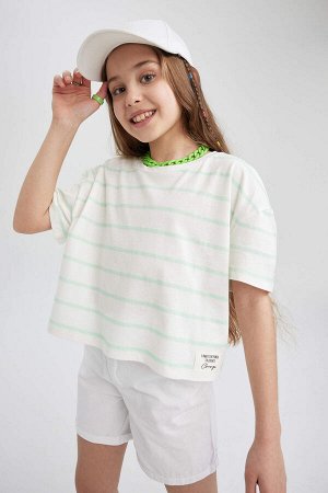 Полосатая укороченная футболка с коротким рукавом для девочек