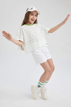 Полосатая укороченная футболка с коротким рукавом для девочек