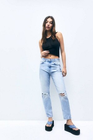 Джинсы Mom Fit с потертостями и деталями 07686325