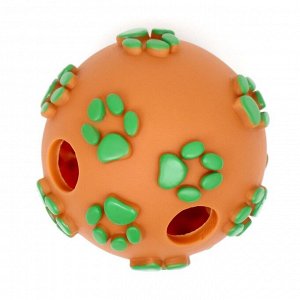 Мячик "Лапки" для собак с отверстиями, 8 см, оранжевый/зелёный