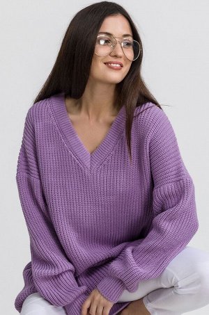Женский удлиненный вязаный свитер оверсайз с V вырезом