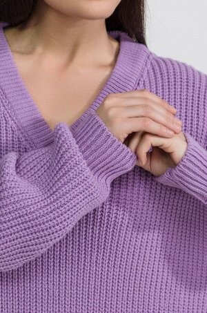 Женский удлиненный вязаный свитер оверсайз с V вырезом, цвет лаванда, размер единый 42-52