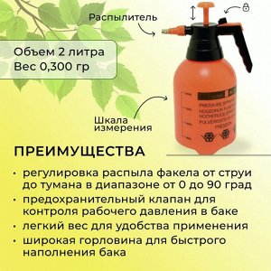 Помповый садовый ручной опрыскиватель,  пульверизатор, распылитель, для сада и огорода, для ухода и полива цветов и растений, для работ по дому, 2л