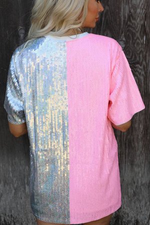 Розово-серое платье-футболка в стиле колорблок и пайетками