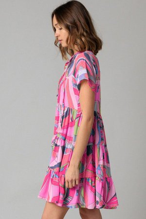 VitoRicci Розовое многоярусное платье с абстрактным принтом и коротким рукавом