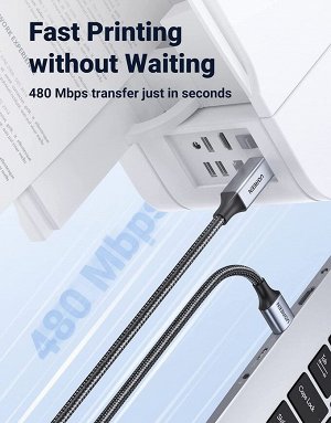 Кабель соединительный USB 2.0 AM-BM, ИБП 2,0 м. черный в нейлон (для оргтехники) (US369) Ugreen