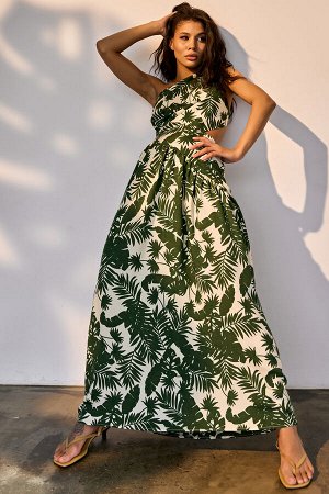 Платье летнее макси с открытой спиной из вискозы с принтом джунгли