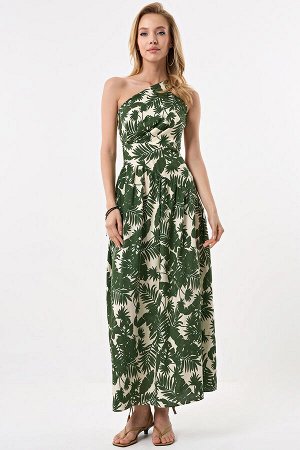 Платье летнее макси с открытой спиной из вискозы с принтом джунгли