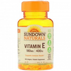 Витамин E Sundown Naturals, Витамин E, 400 IU, 100 мягких желатиновых капсул. Витамин Е (в виде ди-альфа. Витамин E помогает организму бороться с разрушающими клетки свободными радикалами. Свободные р
