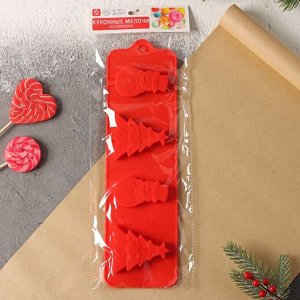 Форма силиконовая для украшений Доляна «Новый год», 31x9 см, 4 ячейки, с палочками, цвет красный
