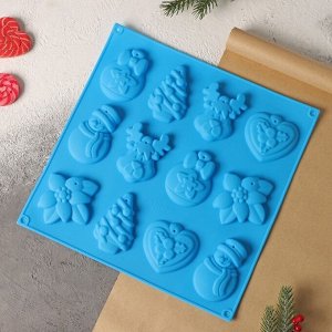Форма силиконовая для украшений 3D Доляна «Ёлочные игрушки», 30x30 см, 12 ячеек, цвет синий