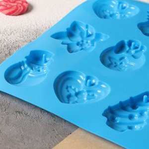 Форма силиконовая для шоколада 3D Доляна «Ёлочные игрушки», 30?30 см, 12 ячеек, цвет синий