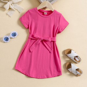 Платье однотонное розовое с коротким рукавом