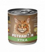 PETVADOR Влажный корм для кошек, утка с льняным маслом, ж/б 240 гр 1/12