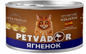 PETVADOR Влажный корм для кошек, ягненок и лосось, ж/б 100 гр 1/12