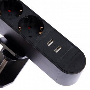 Удлинитель на струбцине Luazon, 16 А, трёхместный, 2xUSB, 2.1 A, провод 1,8 метра, черный