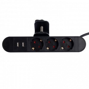Удлинитель на струбцине Luazon, 16 А, трёхместный, 2xUSB, 2.1 A, провод 1,8 метра, черный