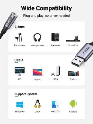 Адаптер переходник (звуковая карта) USB 2.0 аудио 3,5 мм., 0,25 м. (CM477) Ugreen