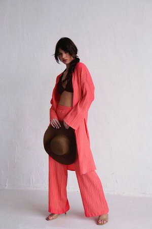 Костюм из кимоно и брюк-палаццо коралловый