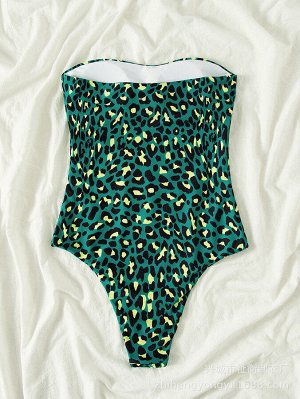 Женский слитный купальник, принт "леопард", цвет зеленый