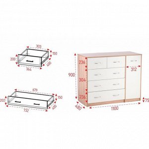 Комод 5 ящиков с дверью, 1100х480х900, Дуб сонома/Белый