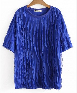 Свободная плиссированная женская футболка с короткими рукавами и кружевом,  синяя