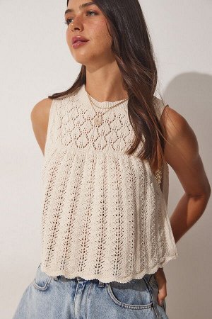 Женская кремовая ажурная трикотажная блузка из укороченного трикотажа YY00149