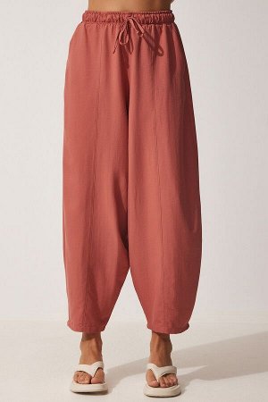 Женские льняные брюки-шалвар из вискозы с карманами пыльной розы CV00001