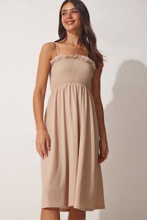 Женское летнее тканое платье кремового цвета с рюшами и рюшами DD01228