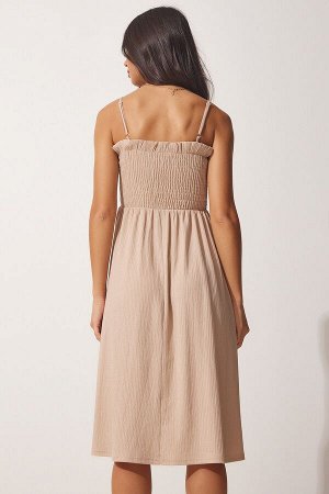 Женское летнее тканое платье кремового цвета с рюшами и рюшами DD01228