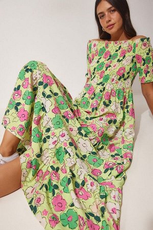 Женское летнее вискозное платье зеленого цвета цвета фуксии с цветочным принтом и воротником-кармен UB00098