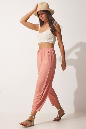 Женские льняные брюки-шалвар светло-розового цвета CI00036