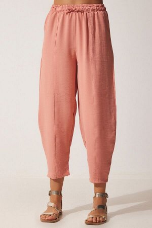 Женские льняные брюки-шалвар светло-розового цвета CI00036