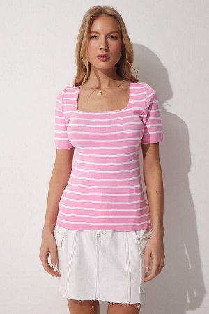 Женская розовая трикотажная блузка с квадратным воротником YG00101
