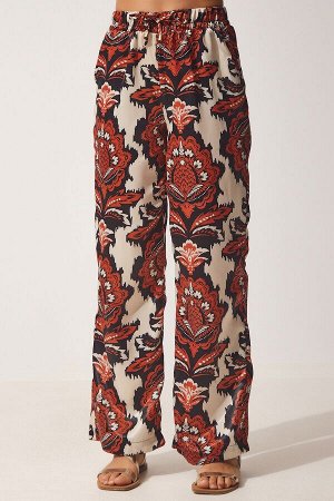Женские атласные брюки-палаццо кремового цвета с плиточным узором WF00033