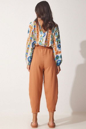Женские легкие кирпичные льняные брюки-шалвар CI00036