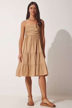 Женское летнее поплиновое платье с воланами на бретелях печенья DD01226