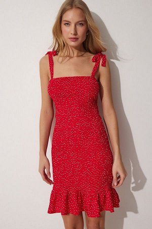 Женское красное летнее платье из вискозы с завязками на бретелях UB00052